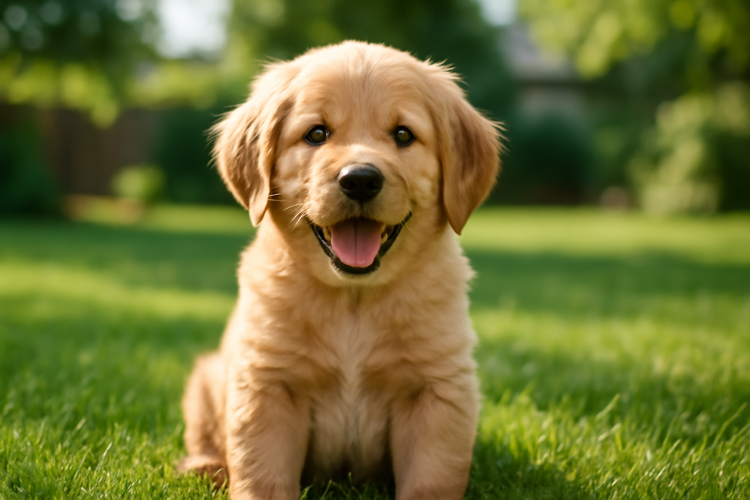 An adorable Miniature Golden Retriever puppy sitting happily on a green lawn.