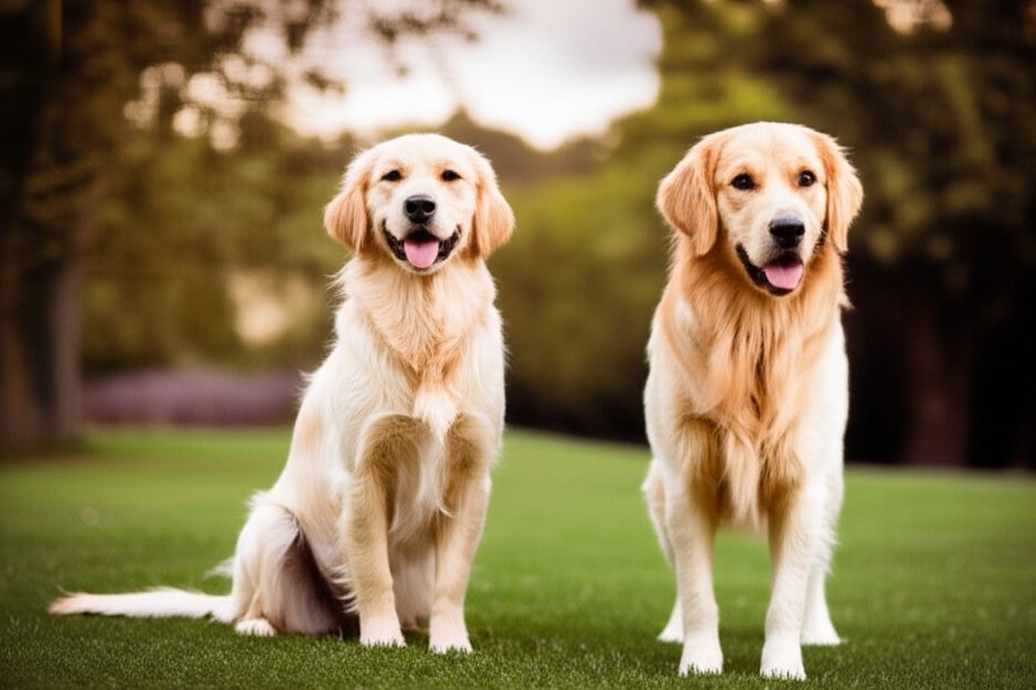 A size comparison between a full-grown Miniature Golden Retriever and a standard Golden Retriever.