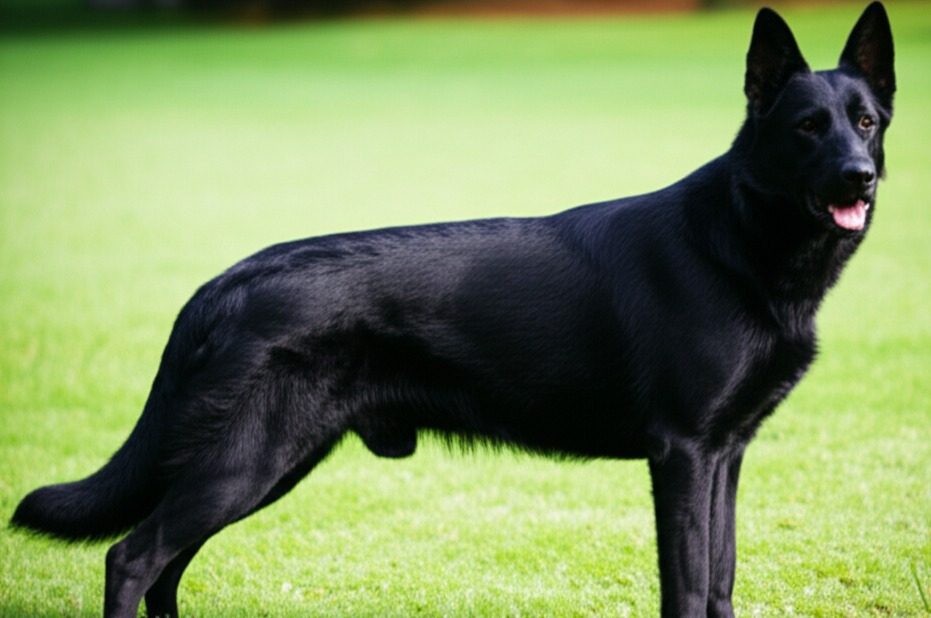 A stunning solid black German Shepherd Lab mix with floppy ears standing in a park.