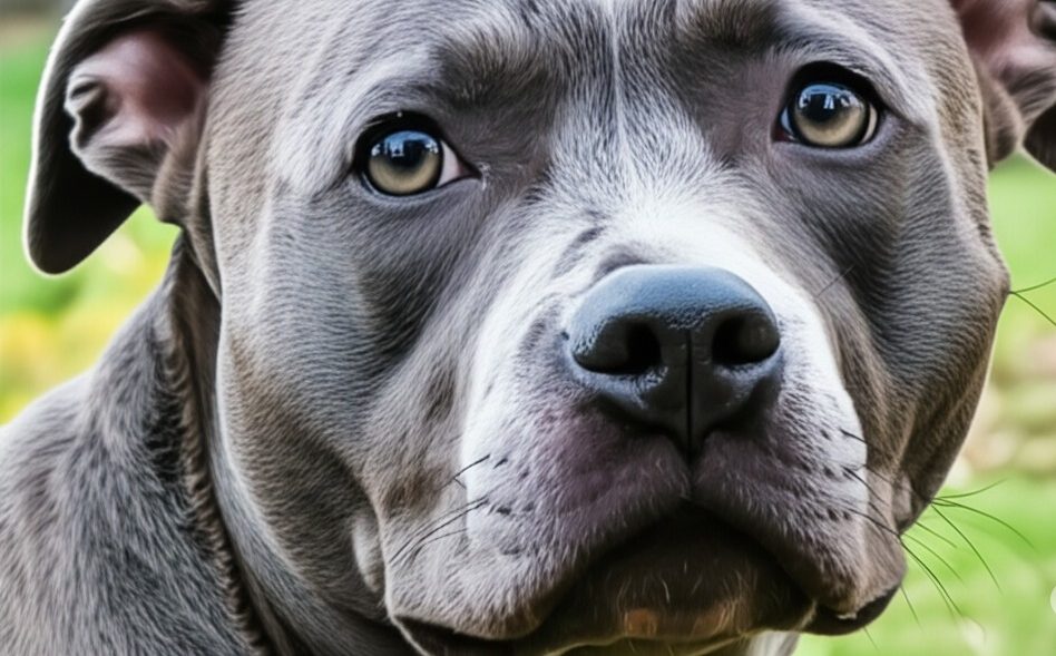 A close-up of a stunning blue nose Pitbull, showcasing its unique gray coat and nose color which is a popular choice for people searching for Pitbull puppies.