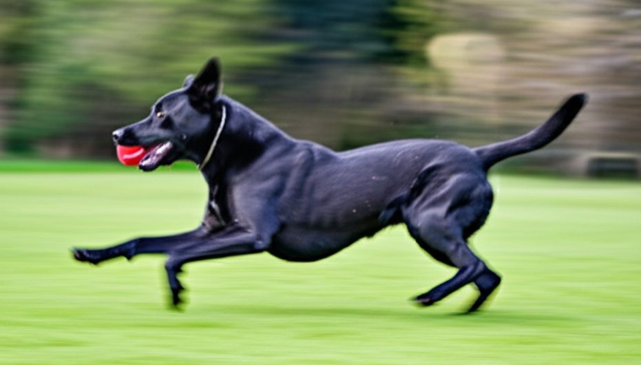 An energetic German Shepherd Lab mix running across a park lawn to catch a red ball.