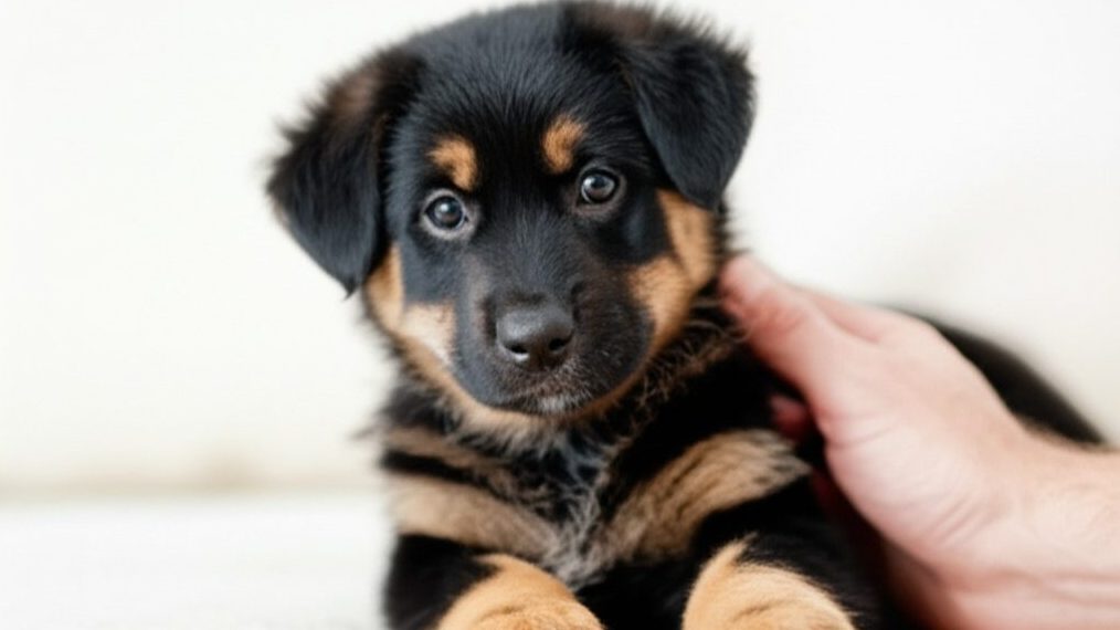 An adorable 8-week-old German Shepherd Lab mix puppy with floppy ears and big paws sitting on a blanket.