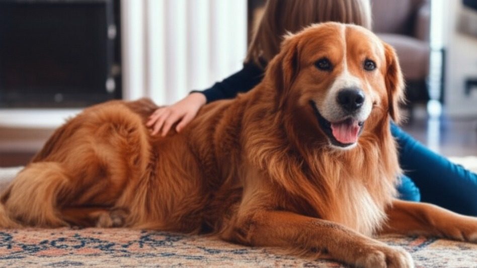 A gentle Golden Mountain Dog lying patiently on the floor with a child, showing its excellent family temperament.