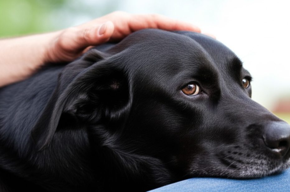 A calm black German Shepherd Lab mix being gently petted by its owner, showing the bond of trust and care.