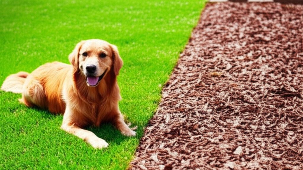 A happy golden retriever relaxing in a beautifully landscaped yard, showing that natural cedar mulch is safe for dogs.