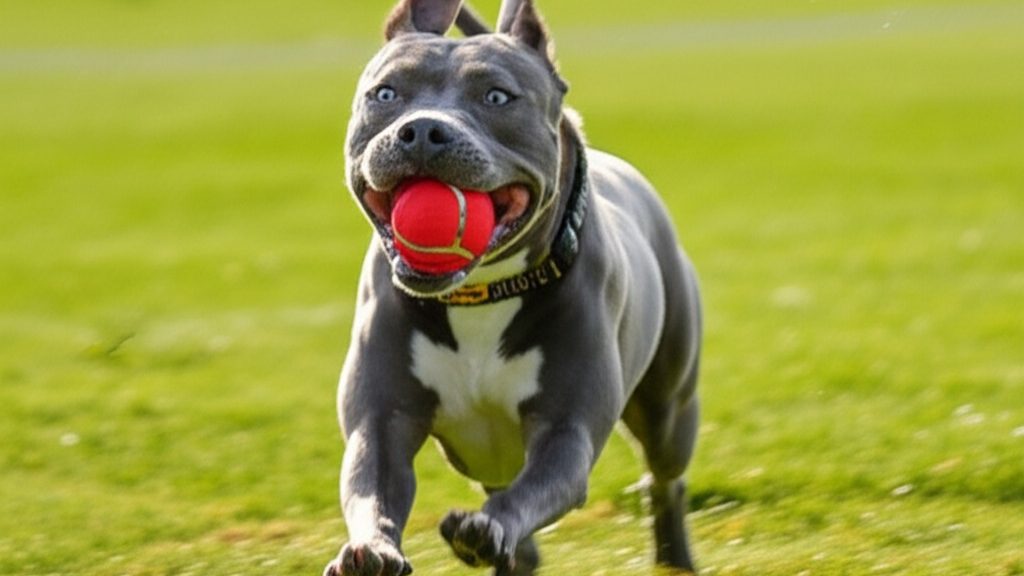 A healthy adult Pitbull getting its daily exercise by playing fetch, a crucial activity for keeping Pitbull puppies and adults happy.