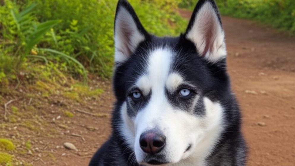 An energetic Pitbull Husky mix, also known as a Pitsky, on a hiking trail, representing a popular type of Pitbull mix.