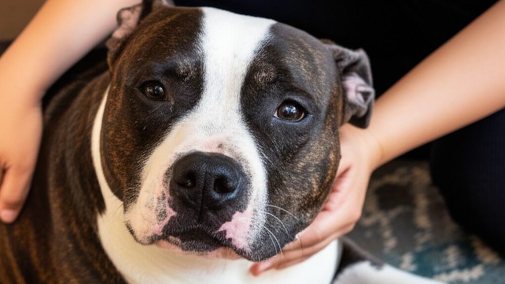 An adult Pitbull with a gentle temperament enjoying affection from its owner, showcasing the breed's loyal and loving nature.