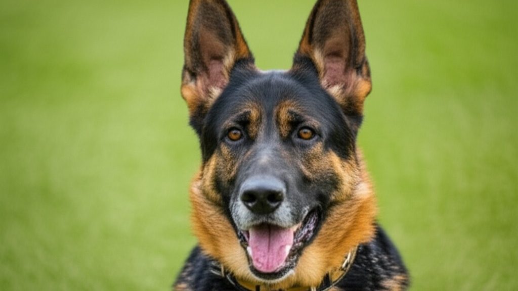 A close-up of a German Shepherd Lab mix with a unique sable-colored coat and semi-pricked ears.