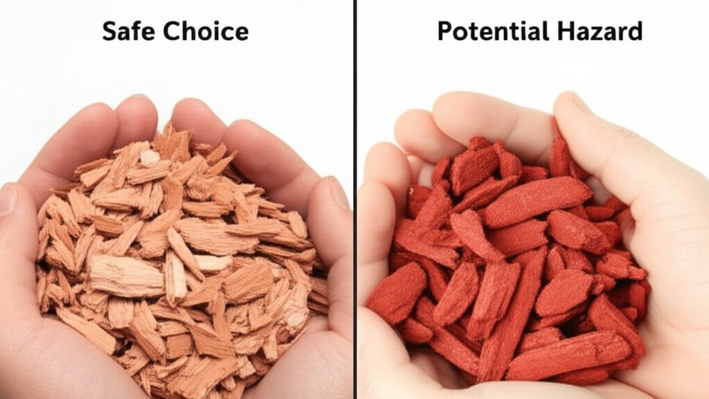 A comparison image showing why finely-shredded cedar mulch is safe for dogs, contrasted with hazardous large, dyed wood nuggets.