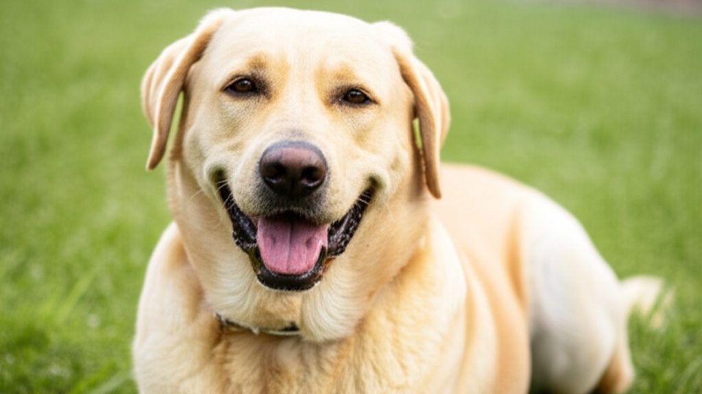 A friendly, yellow-coated German Shepherd Lab mix relaxing in the grass.